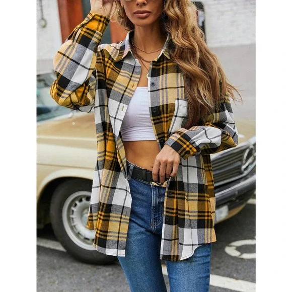 Preppy oversized Plaid print long sleeve button up Shirt - Picture 11 of 11